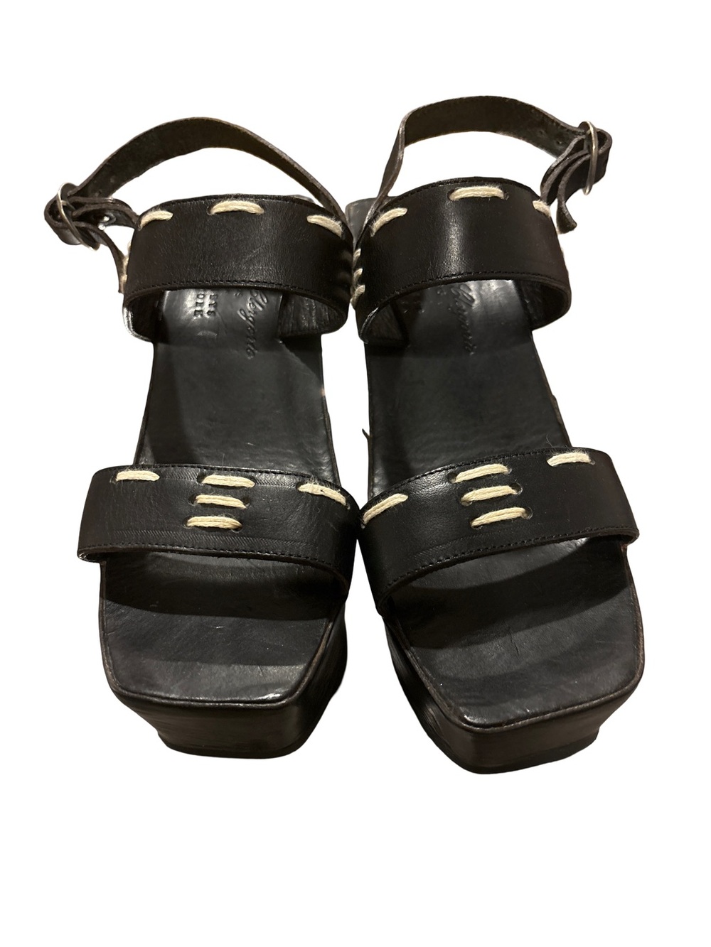 Robert Clergerie Black Leather Platform Sandals with Cream Stitching